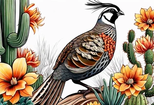 Three quails, desert flowers, cactus, ocotillo, tattoo idea