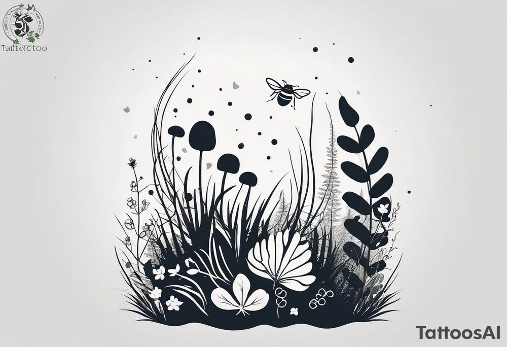 forest floor inspired minimalist tattoo, which includes grass, curly ferns, moss and dead leaves as the bulk of the tattoo. details to include: forest berries, a tiny bumblebee flying nearby, three small brown mushrooms
Generate a vertically long one tattoo idea