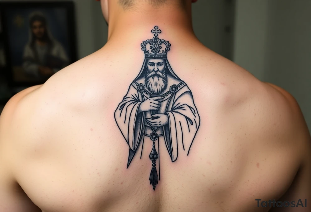 russian orthodox priest in a fully detailed garment swinging censer chains tattoo idea
