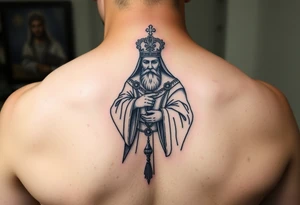 russian orthodox priest in a fully detailed garment swinging censer chains tattoo idea