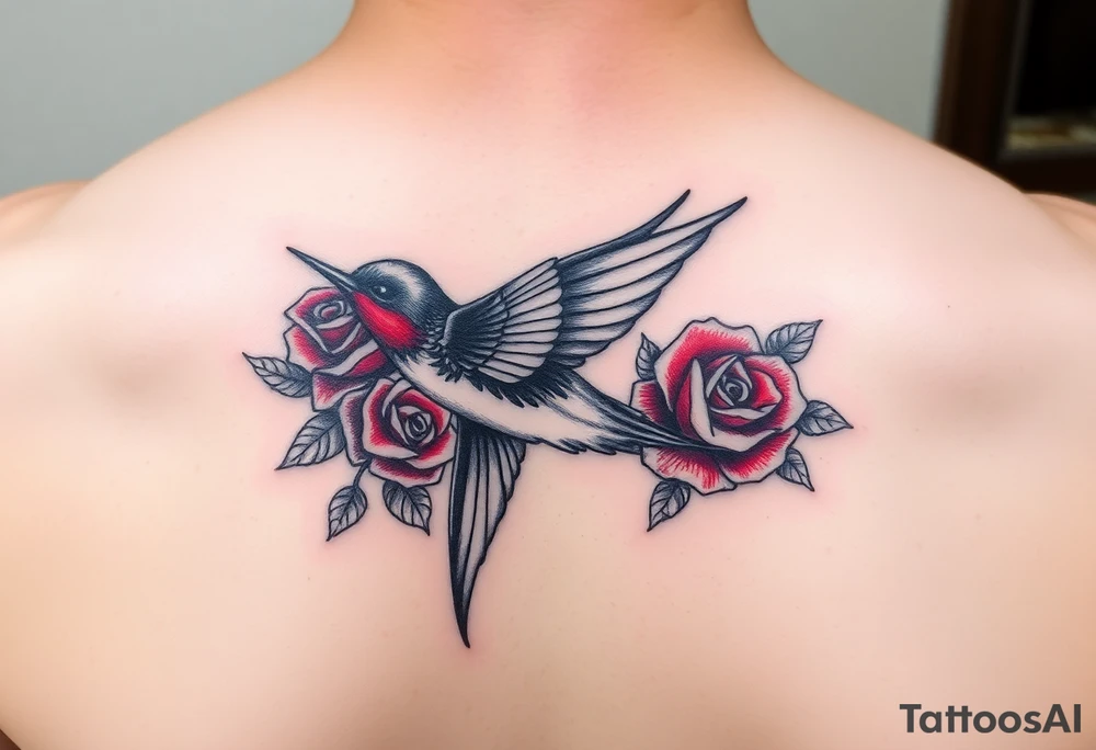 Swallow bird, with ruby color roses tattoo idea