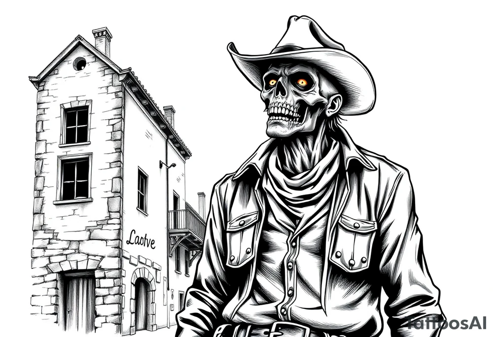 zombie in cowboy-clothing,old buildings. tattoo idea
