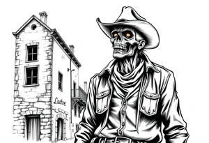 zombie in cowboy-clothing,old buildings. tattoo idea