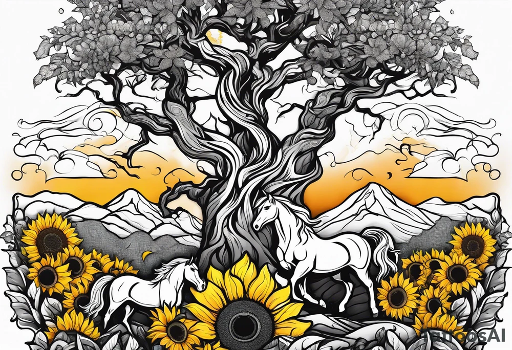 Yggdrasil tree, horse in front of it, and sunflowers tattoo idea