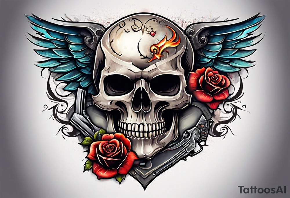 skull with a gun a  rose and dominated by a  heart with wings and  flames coming out of the top of it tattoo idea