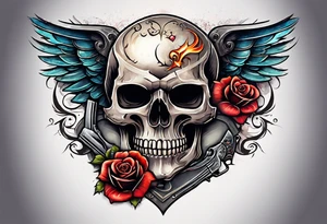 skull with a gun a  rose and dominated by a  heart with wings and  flames coming out of the top of it tattoo idea
