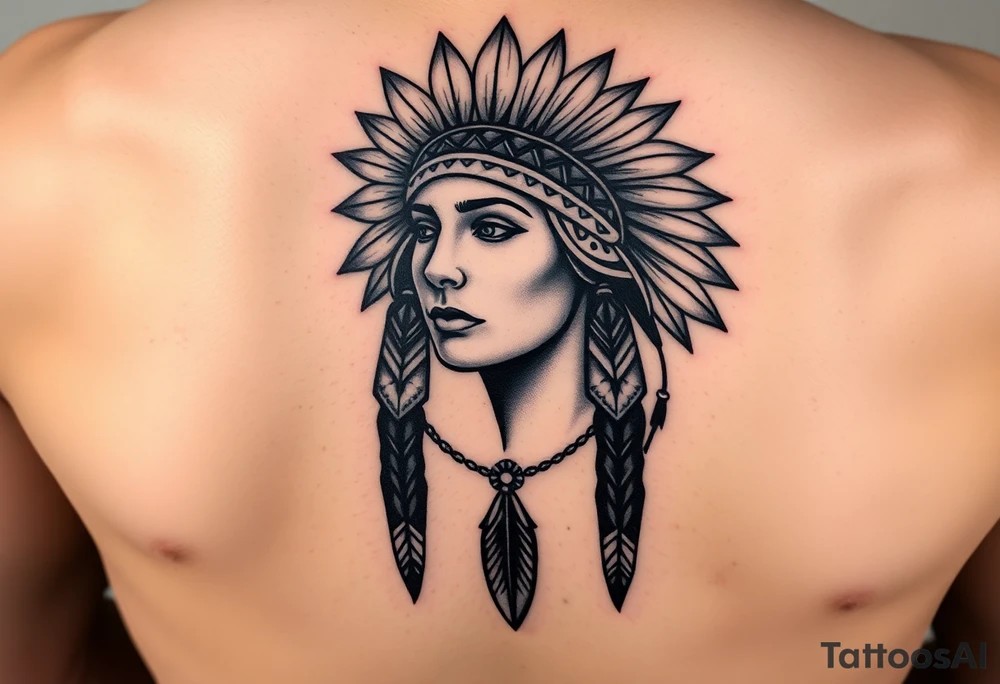 Native American girl with headdress the sun and arrowhead tattoo idea