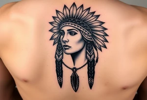 Native American girl with headdress the sun and arrowhead tattoo idea