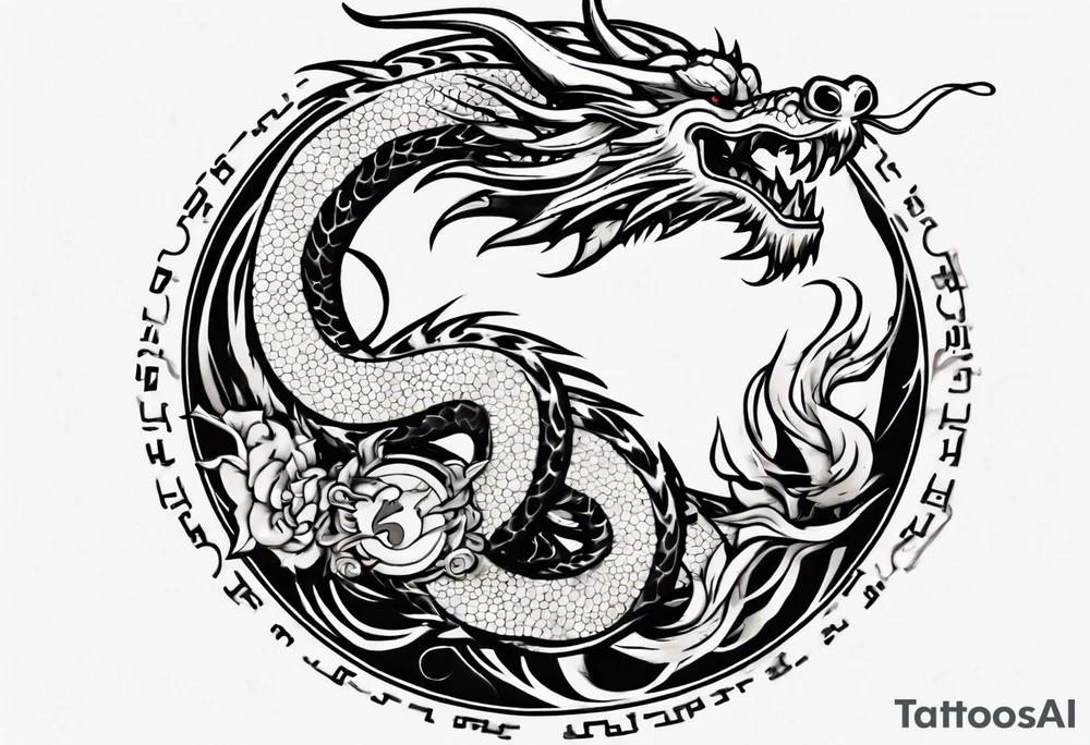 Chinese dragon in a circular shape with "02.03" written on its skin tattoo idea
