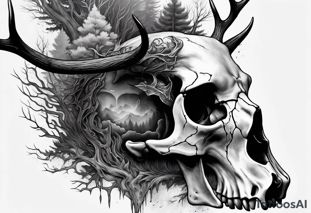 A side view of a frightening horror DECAYING deer skull JUST BONE surrounded by a forest fire in background tattoo idea A side view of a frightening horror DECAYING deer skull JUST BONE surrounded by a forest fire in background tattoo idea