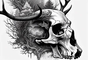 A side view of a frightening horror DECAYING deer skull JUST BONE surrounded by a forest fire in background tattoo idea