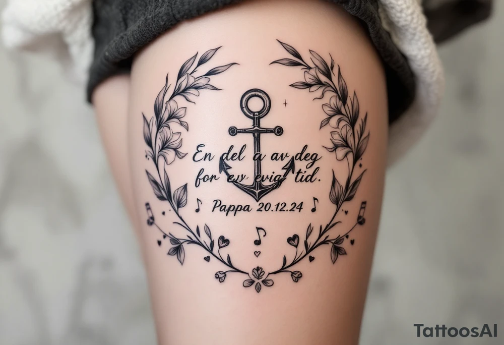 «En del av deg for evig tid
Pappa 20.12.24» Surrounded by long gladiolus, hearts, notes and an anchor tattoo idea