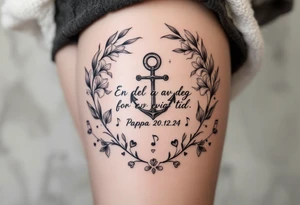 «En del av deg for evig tid
Pappa 20.12.24» Surrounded by long gladiolus, hearts, notes and an anchor tattoo idea