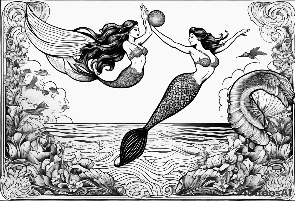 Mermaid jumping to touch pelican in air tattoo idea
