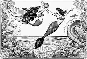 Mermaid jumping to touch pelican in air tattoo idea