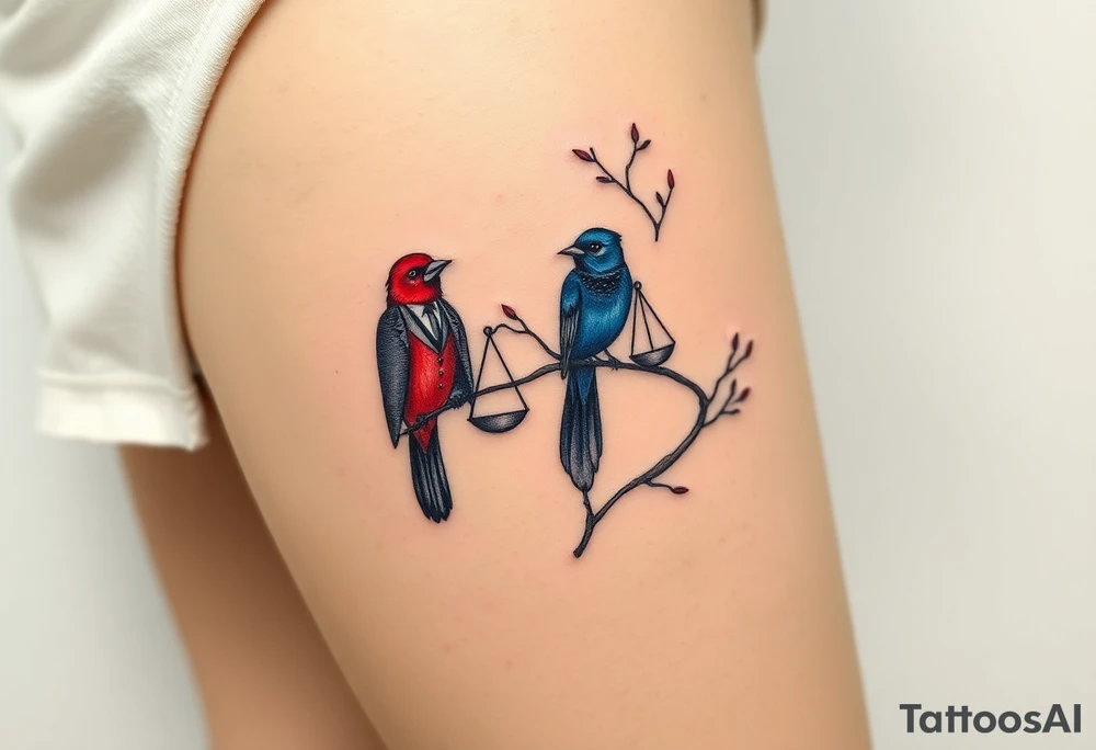 2 birds as the focus, 1 red bird in a suit, 1 navy blue bird with glasses, scales of justice in a tree, starry night painting and mountain background tattoo idea