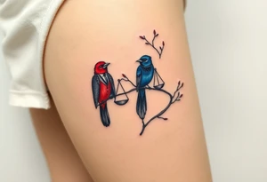 2 birds as the focus, 1 red bird in a suit, 1 navy blue bird with glasses, scales of justice in a tree, starry night painting and mountain background tattoo idea
