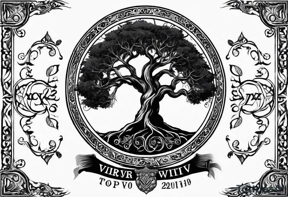 Yggdrasil with no leaves. A roman inscription "MEMENTO VIVERE" on the top. A metal bracelet with the date XXXI-VII-MMXV tattoo idea