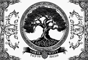 Yggdrasil with no leaves. A roman inscription "MEMENTO VIVERE" on the top. A metal bracelet with the date XXXI-VII-MMXV tattoo idea