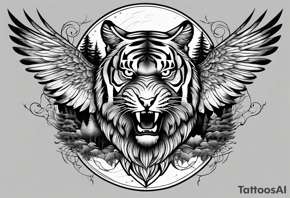 Tiger clawing a flying owl underneath a full moon in a forest tattoo idea