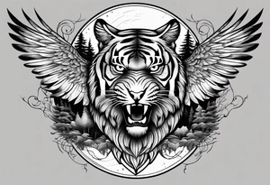 Tiger clawing a flying owl underneath a full moon in a forest tattoo idea
