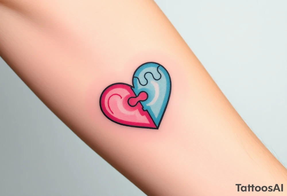 A heart-shaped puzzle with two interlocking pieces, one soft pastel pink and the other baby blue, symbolizing the inseparable bond between parent and child tattoo idea