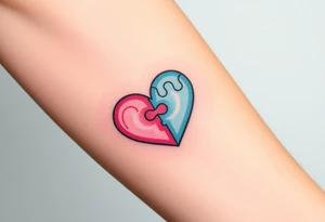 A heart-shaped puzzle with two interlocking pieces, one soft pastel pink and the other baby blue, symbolizing the inseparable bond between parent and child tattoo idea