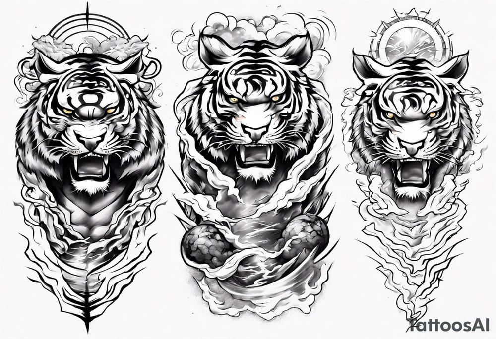Tiger warrior with lightning and the sun for a forearm sleeve tattoo idea