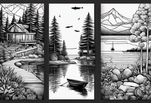 forearm tattoo set on a lake. At the bottom of the tattoo there is a boat dock with a little boy fishing and a little girl reading. There are trees surrounding the lake. tattoo idea