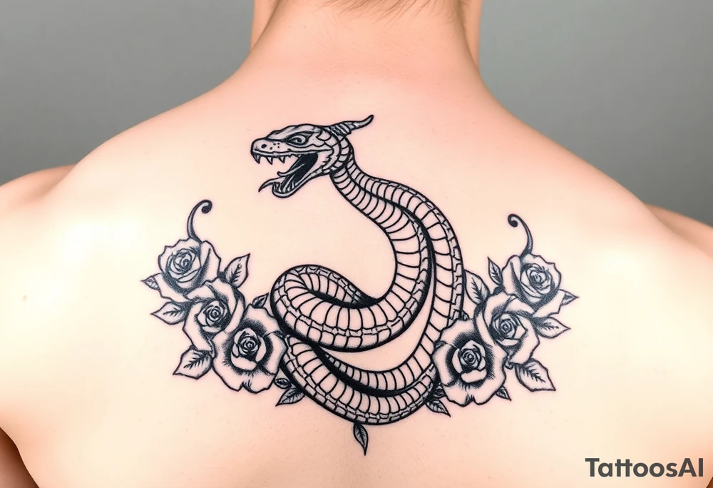 powerful majestic snake surrounded by rose ornaments tattoo idea