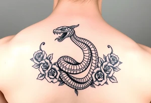 powerful majestic snake surrounded by rose ornaments tattoo idea