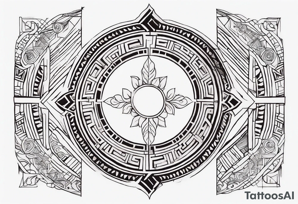 Create a minimalist round tattoo inspired by ancient greek art. In the centre should be a female holding a scroll in one hand and a feather in the other hand. Surround her with geometric patterns based on the ancient greek art style. tattoo idea