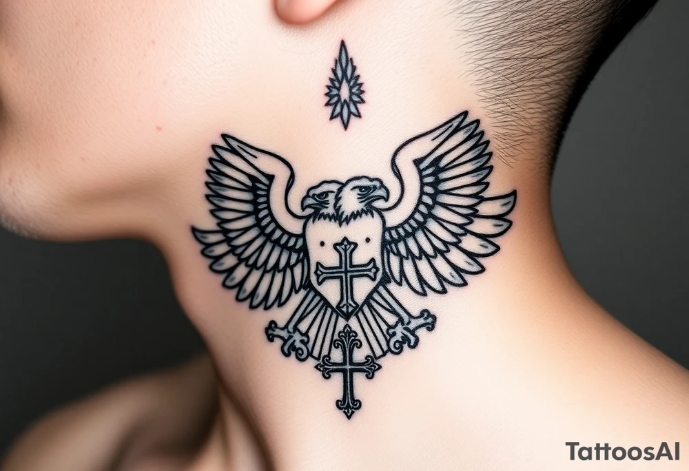 Double-headed eagle outline only (no shading) — suits neck skin which ages differently
Star above, small orthodox cross below tattoo idea