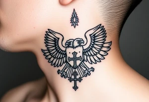 Double-headed eagle outline only (no shading) — suits neck skin which ages differently
Star above, small orthodox cross below tattoo idea
