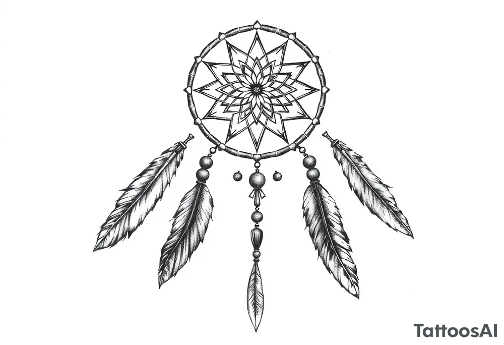 native dreamcatcher with flowing feathers and sacred beads tattoo idea