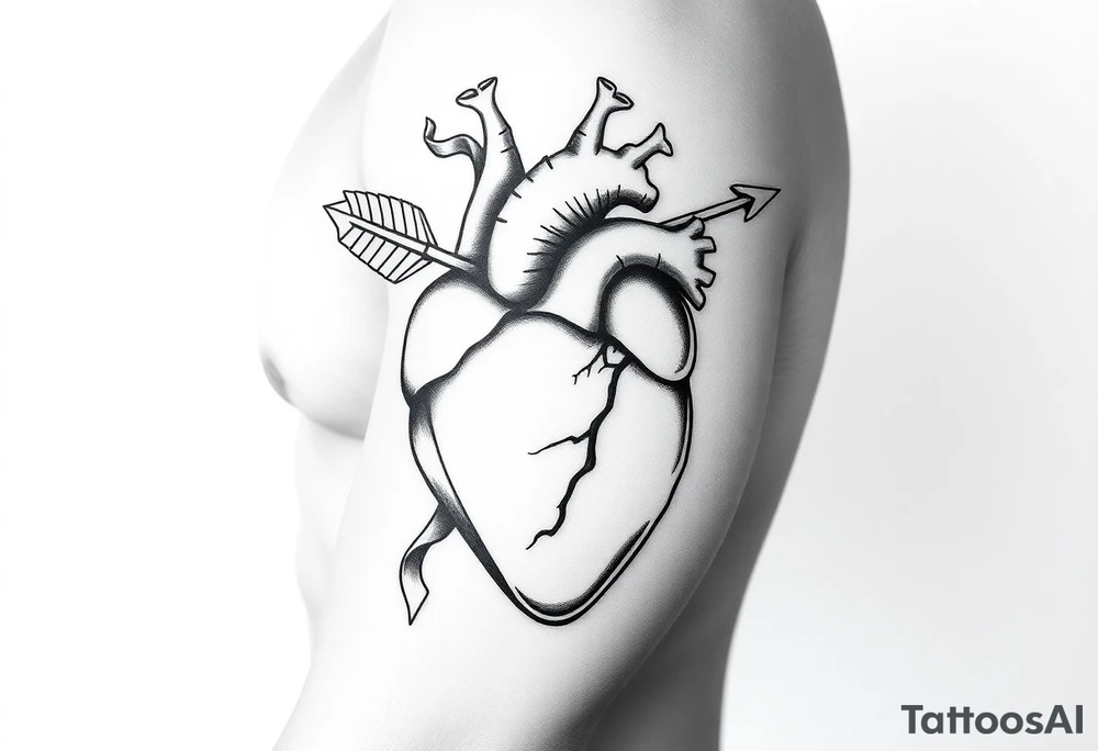anatomical heart pierced by ornate arrow with flowing ribbons tattoo idea