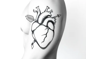 anatomical heart pierced by ornate arrow with flowing ribbons tattoo idea
