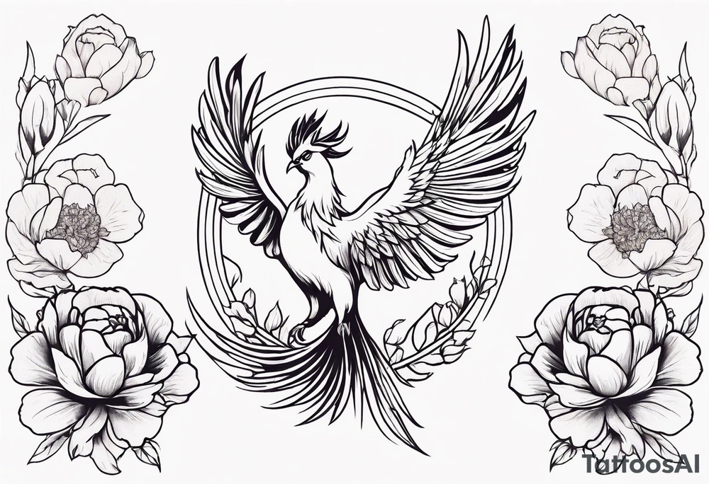 minimalist pheonix with peonies tattoo idea