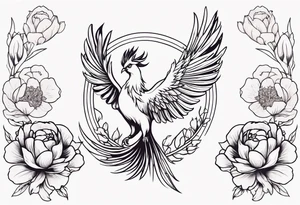 minimalist pheonix with peonies tattoo idea