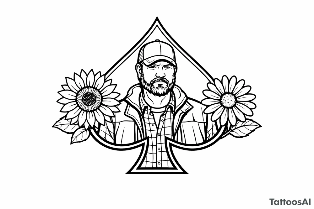 Bobby middle center inside the middle of the spade with a sunflower and a daisy on each side of the spade very super extremely traceable to trace onto notebook paper, very super extremely easy and simple traceable tracing black and white outlining outline coloring pages very super extremely traceable to trace onto notebook paper tattoo idea