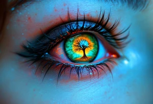 A hyper-realistic eye with a tiny tree reflection, detailed in deep green, honey brown, and icy blue hues, creating a surreal effect. tattoo idea