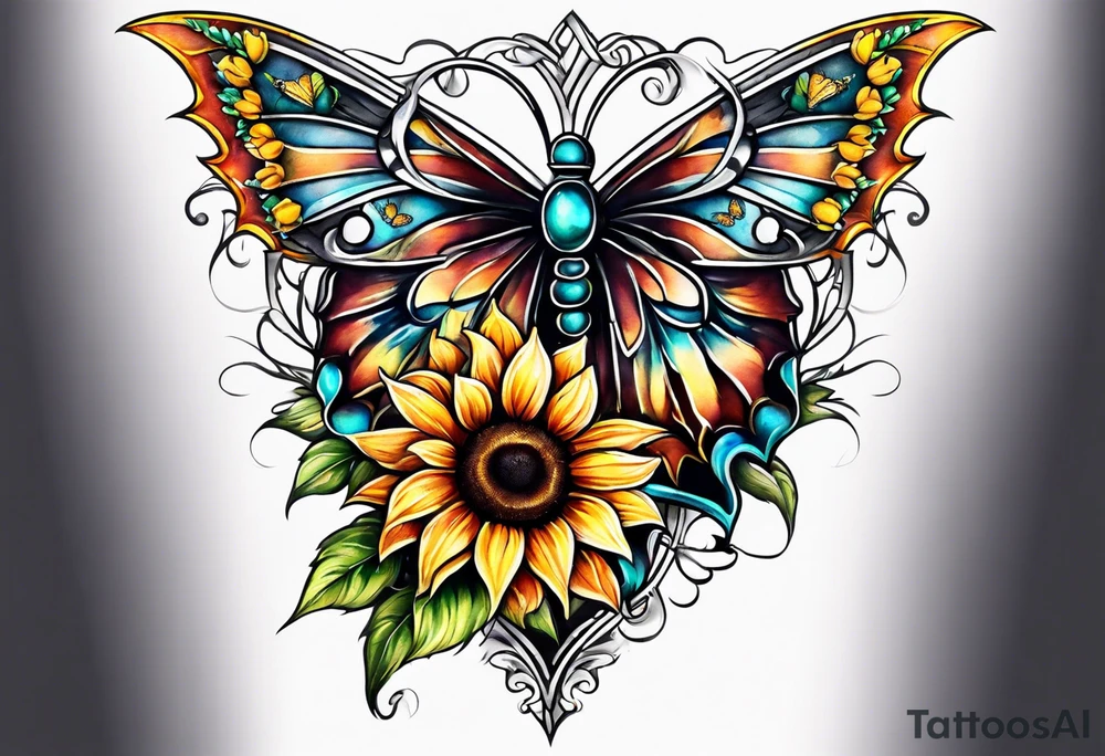Winged cross with sunflowers and butterflies lower leg sleeve tattoo idea