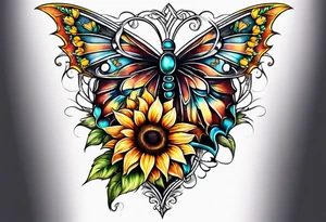 Winged cross with sunflowers and butterflies lower leg sleeve tattoo idea