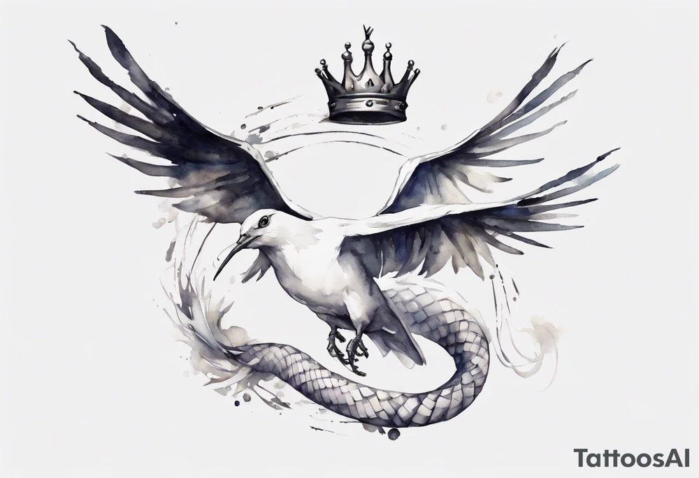 a white bird-serpent hybrid, wearing a small crown on its head, flying in the air tattoo idea