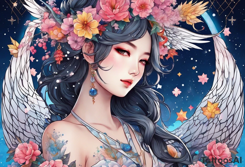 Constellation, wing , snow , cross , dragon female japan kawaii , flower tattoo idea