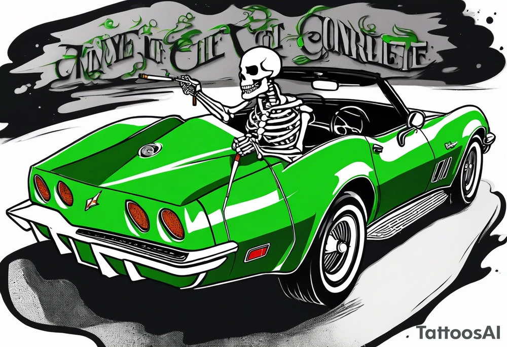 Skeleton smoking a cigarette driving a green 1976 convertible Corvette tattoo idea