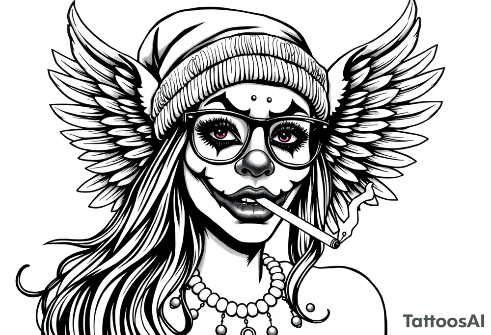 beautiful long hair pin up Clown face Girl payasa  thug beanie eyeglasses  angelic wings smoking a cigarette tattoo idea