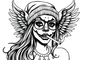 beautiful long hair pin up Clown face Girl payasa  thug beanie eyeglasses  angelic wings smoking a cigarette tattoo idea