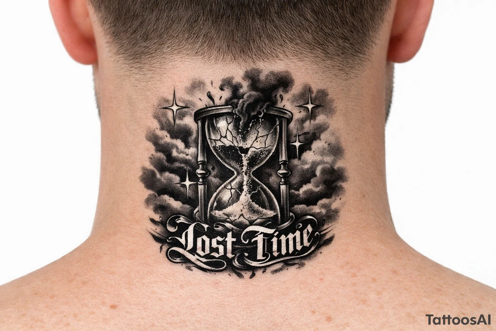 front of neck Black and grey realism tattoo design of a cracked, shattered hourglass centered in dark heavy clouds. Sand and dark smoke floating upward out of the glass. Custom gothic script lettering that says "Lost Time" wrapped around the base. Chicano style shading, deep blackwork background, sharp 4-point sparkle stars, high contrast, clean white background, tattoo stencil style tattoo idea