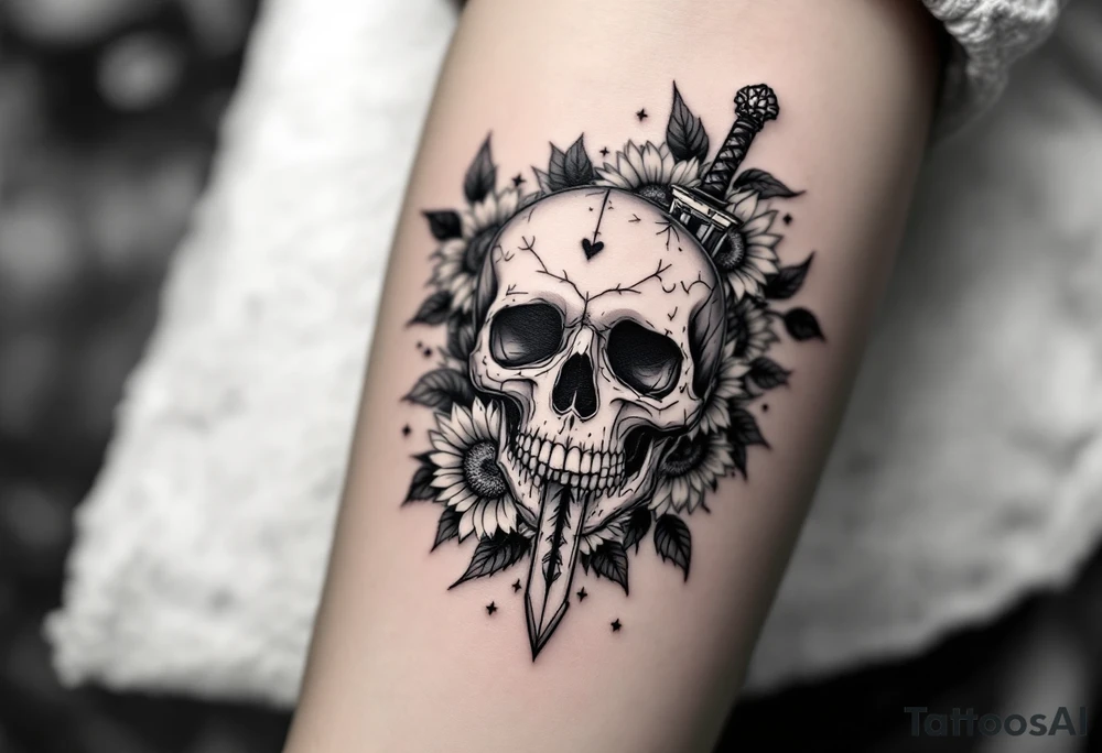 Skull, heart and dagger with roses and sunflowers tattoo idea